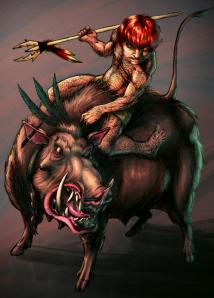 Um guerreiro curupira montado em um javali selvagem.