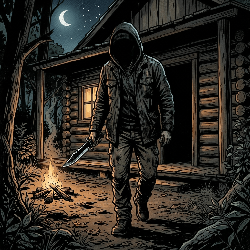 Man in hooded jacket holding a knife walking near a campfire and tent in a forest at night