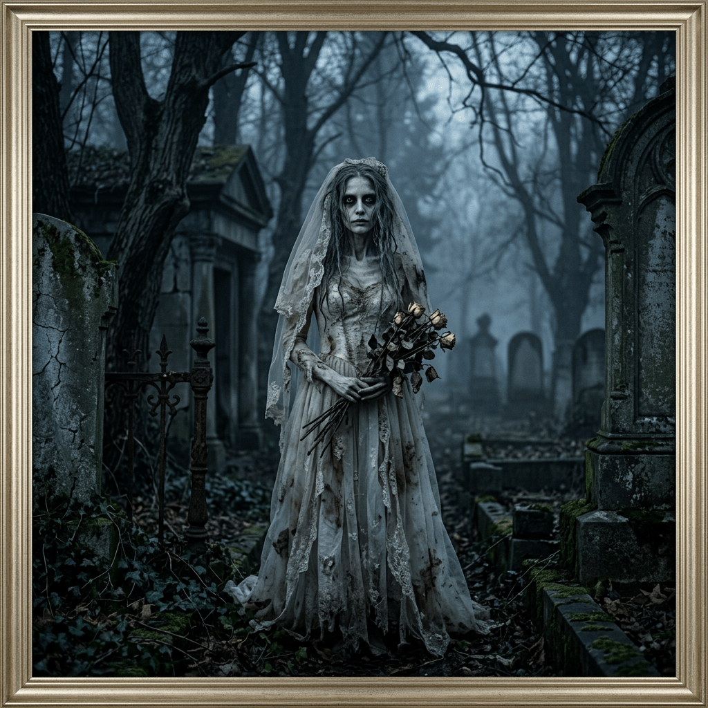 Ghostly bride in tattered wedding dress holding dried roses in a foggy graveyard