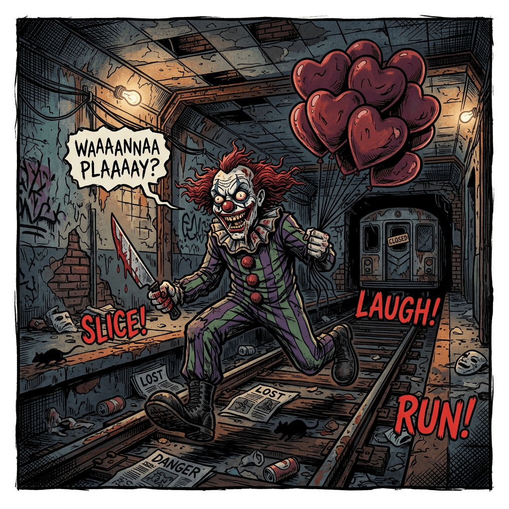 Evil clown with red hair runs in a grimy subway tunnel holding heart-shaped balloons and a bloody knife